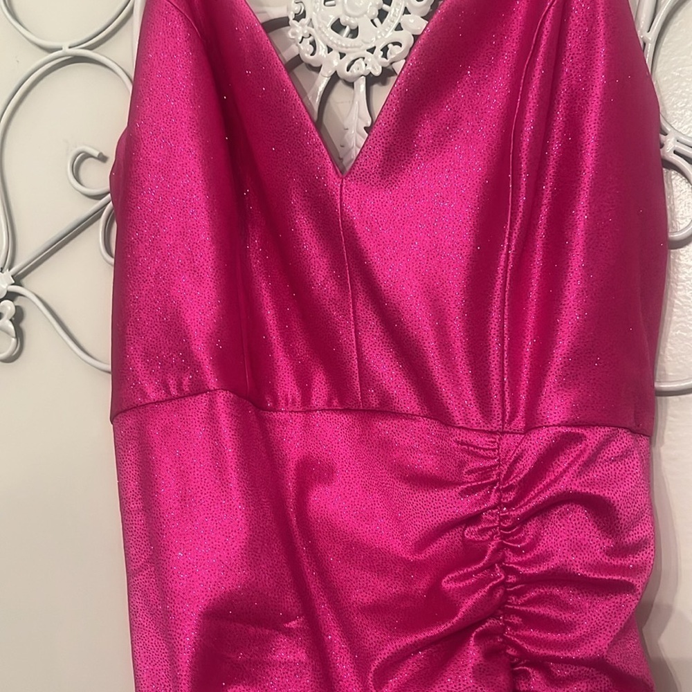 Honey and Rosie Spag Strap V-Neck Ruched Slit Glitter Satin Long Dress size XL - Picture 8 of 13